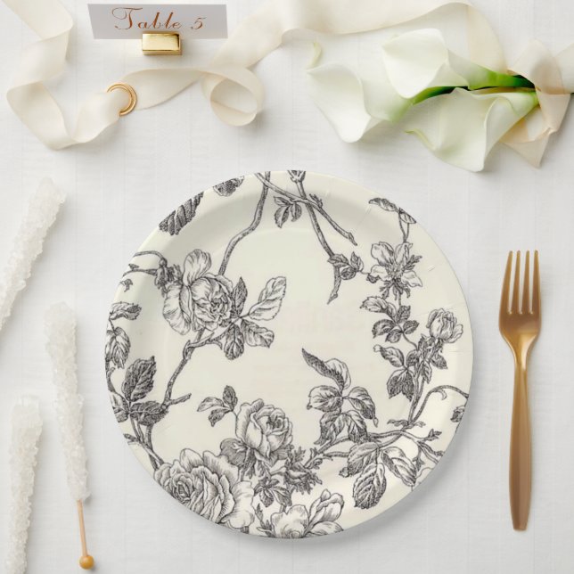 Black And White Vintage Floral Paper Plates (Wedding)