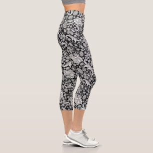 Black and white vintage flowers pattern capri leggings