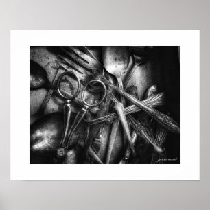 Black and White Vintage Implements Poster Print