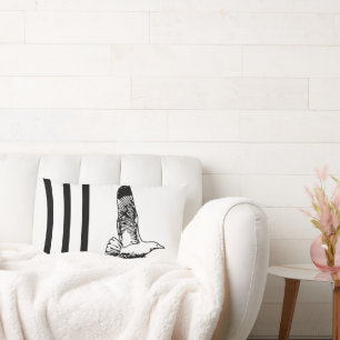 Black and White Vintage Modern Floral Bird Pattern Lumbar Pillow