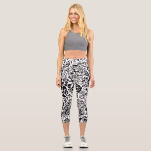 Black and White Vintage Modern Floral Pattern Capri Leggings