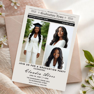 Black and White Vintage Newspaper Graduation Party Invitation