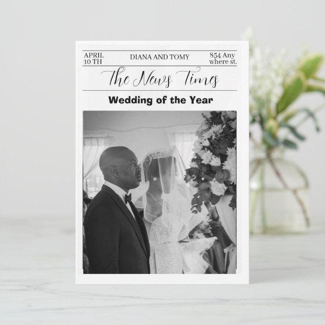 Black and White Vintage Newspaper Wedding  Invitation (Standing Front)