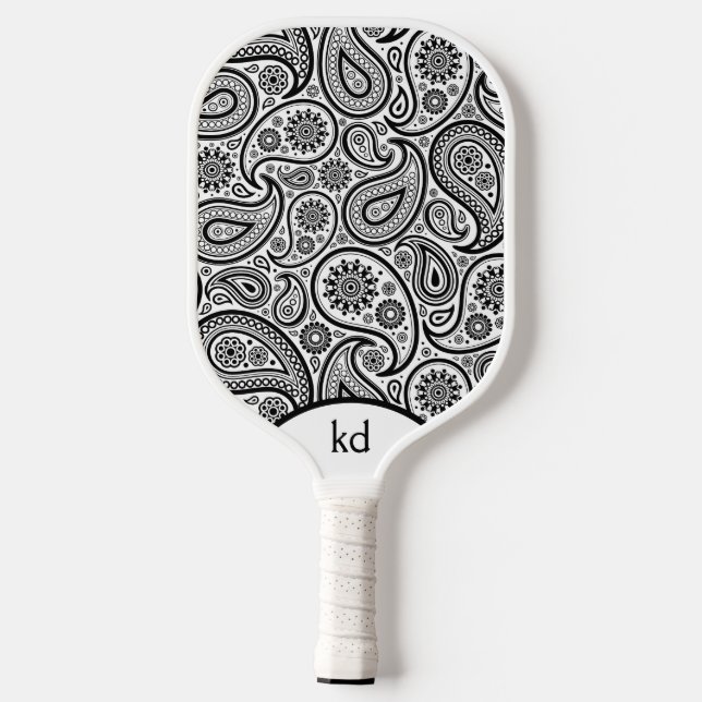 Black And White Vintage Paisley Monogram Pickleball Paddle (Back)