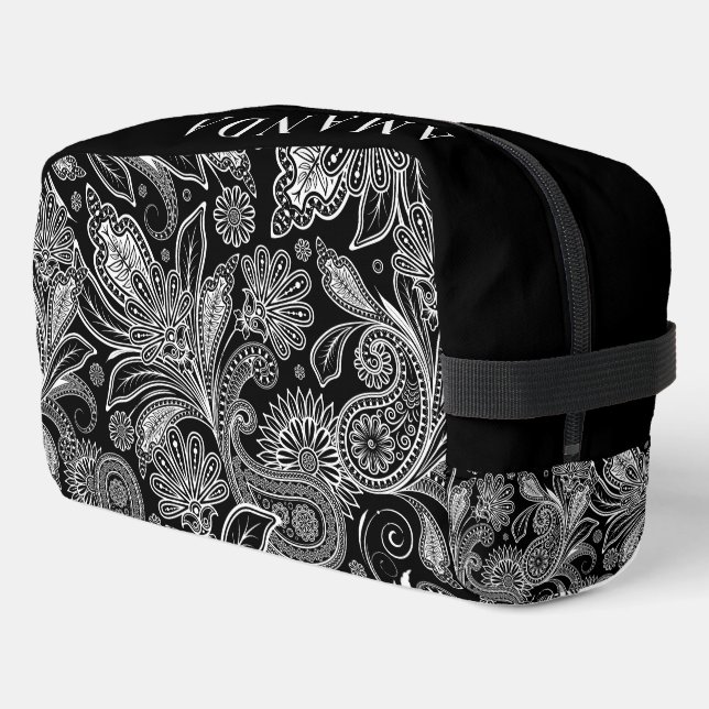 Black and white vintage paisley pattern dopp kit (Left Corner)