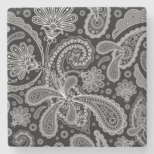 Black And White Vintage Paisley Stone Coaster (Front)