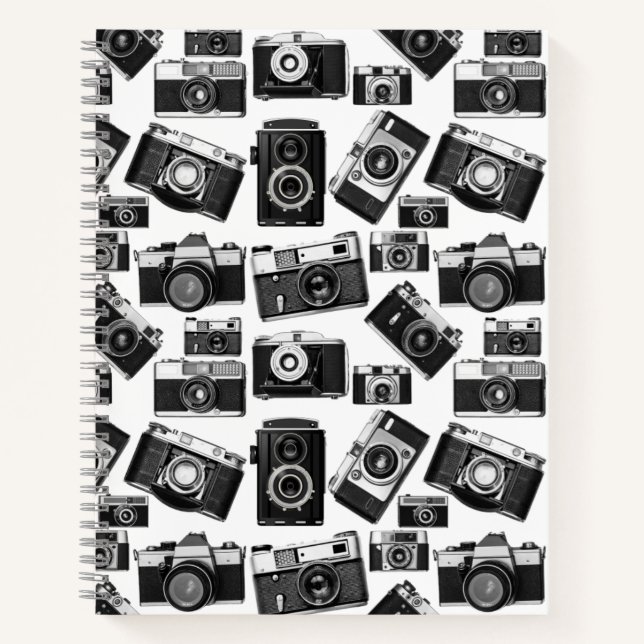 BLACK AND WHITE VINTAGE PHOTOGRAPHY CAMERAS MOTIF  NOTEBOOK (Front)