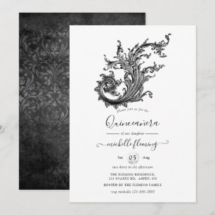 Black and White Vintage Quinceañera Invitation