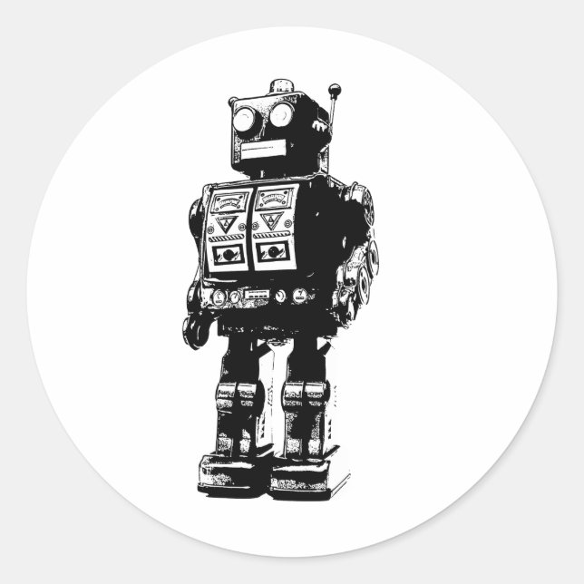 Black and White Vintage Robot Classic Round Sticker (Front)