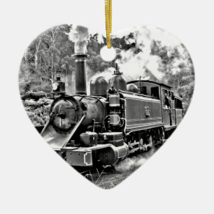 Black and White Vintage Steam Train Engine Ceramic Ornament