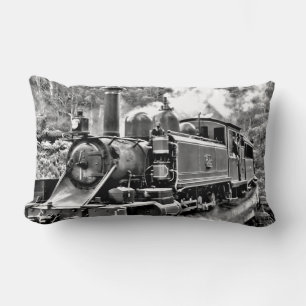 Black and White Vintage Steam Train Engine Lumbar Pillow