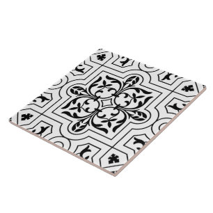 Black and White Vintage Stencil Patterned Print Tile