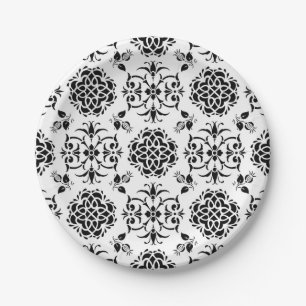 Black and White Vintage Style Damask Pattern Paper Plate