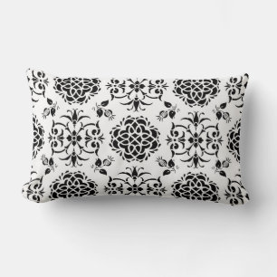 Black and White Vintage Style Floral Damask Lumbar Pillow