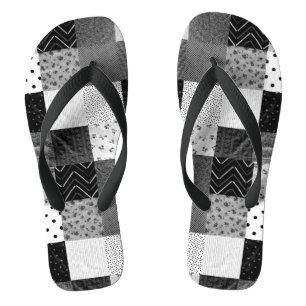 black and white vintage style patchwork fabric flip flops