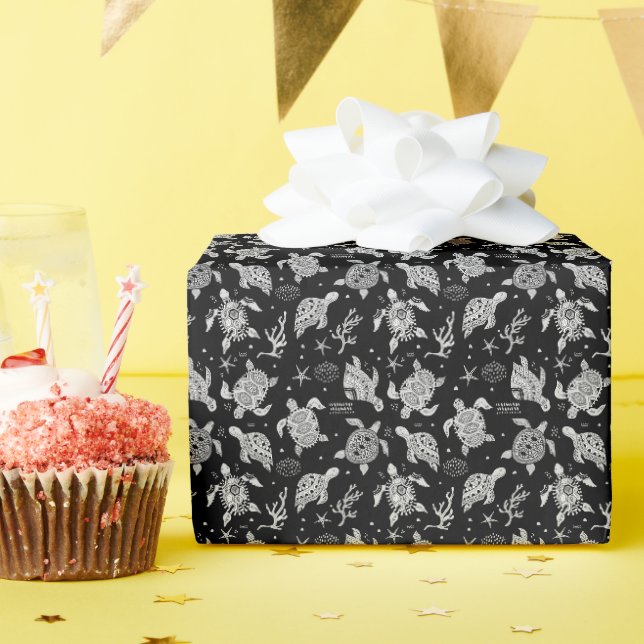black and white vintage turtle pattern wrapping paper (Birthday Party)
