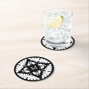 Black and White Vintage Wedding Monogram Round Paper Coaster