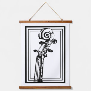Black and White Violin Scroll with Black Outlines Hanging Tapestry
