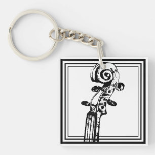 Black and White Violin Scroll with Black Outlines Keychain