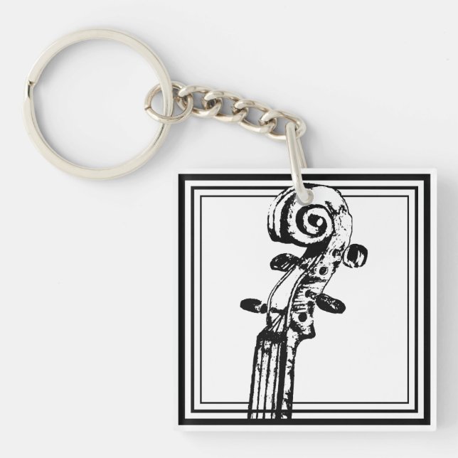 Black and White Violin Scroll with Black Outlines Keychain (Front)