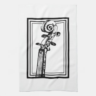 Black and White Violin Scroll with Black Outlines Kitchen Towel