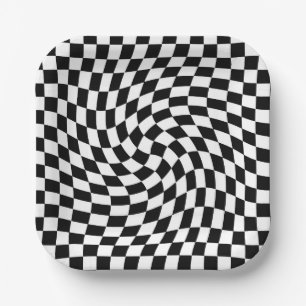Black and White Warped Checkered Pattern Paper Plate