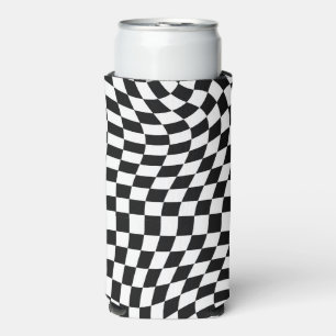 Black and White Warped Checkered Pattern Seltzer Can Cooler
