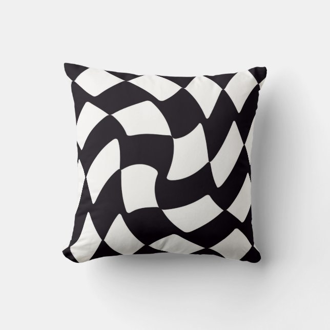 Black and White Warped Chequerboard Throw Pillow (Front)