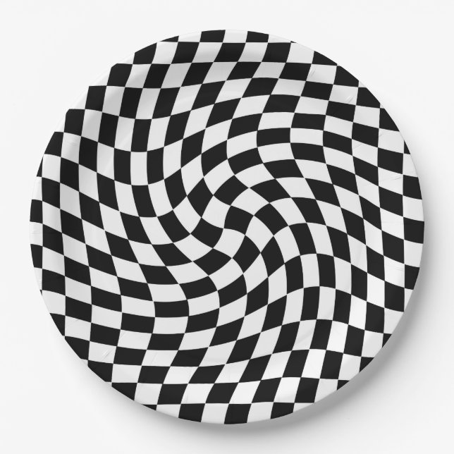 Black and White Warped Chequered Pattern Paper Plate (Front)