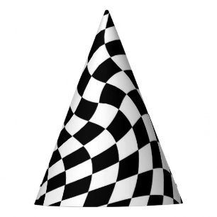 Black and White Warped Chequered Pattern Party Hat