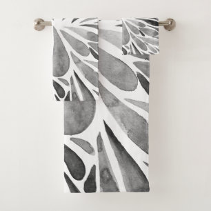 Black and white watercolor abstract floral burst bath towel set