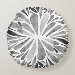 Black and white watercolor abstract floral burst round pillow