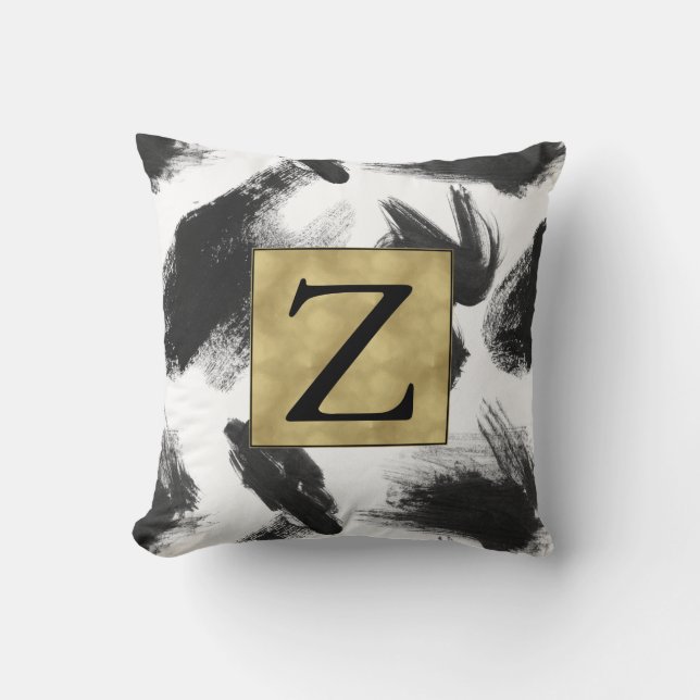 Black and White Watercolor Abstract Monogram Throw Pillow (Front)