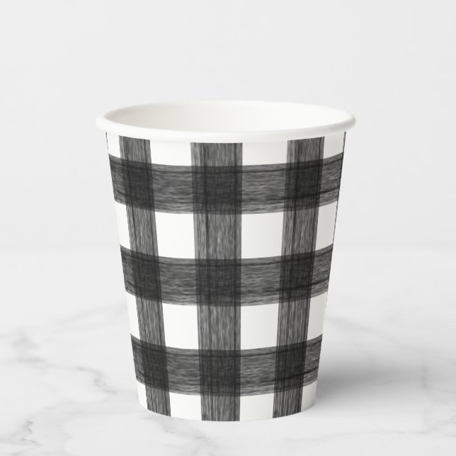 Black and White Watercolor Buffalo Plaid Paper Cups (Front)