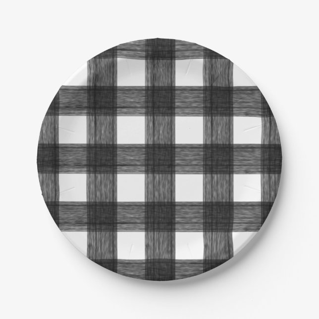 Black and White Watercolor Buffalo Plaid Paper Plate (Front)