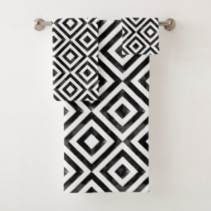 Black and White Watercolor Diamond Pattern Bath Towel Set