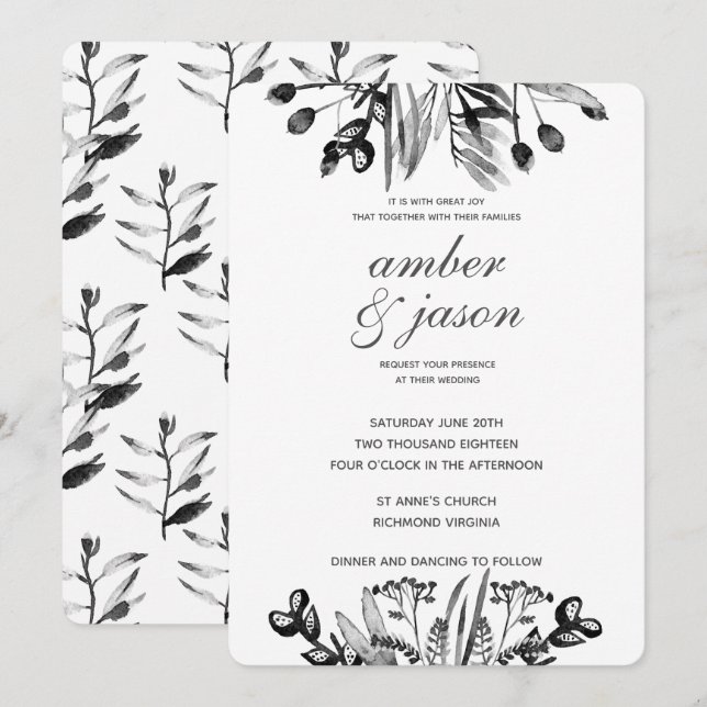Black and White Watercolor Floral Wedding Invitation (Front/Back)