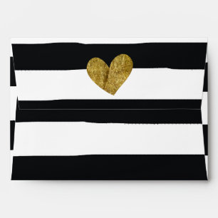 Black and White Watercolor Stripes Gold Heart Envelopes