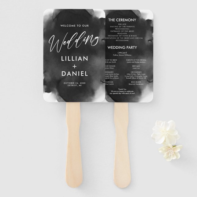Black and White Watercolor Wedding Program Hand Fan (Front and Back)