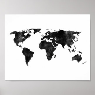 Black and white Watercolor World Map Poster