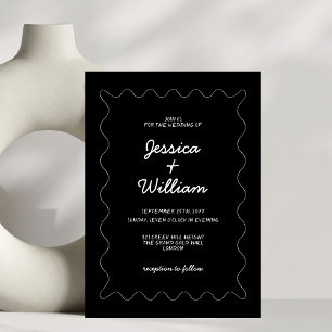 Black and White Wavy Borders Modern Wedding Invitation