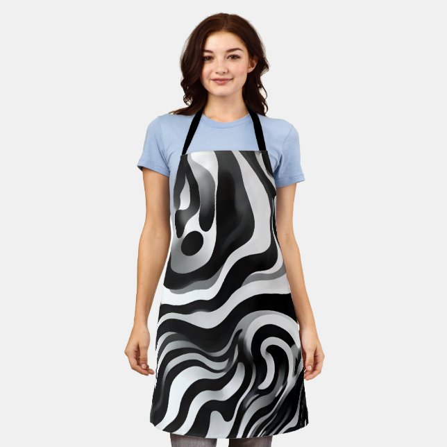 Black And White Wavy Op Art, Apron (Worn)