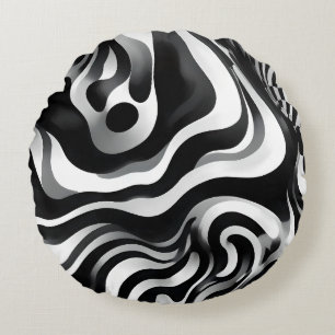 Black And White Wavy Op Art, Round Pillow