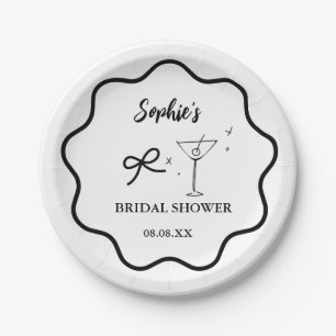 Black and White Wavy Retro Border Bridal Shower Paper Plate
