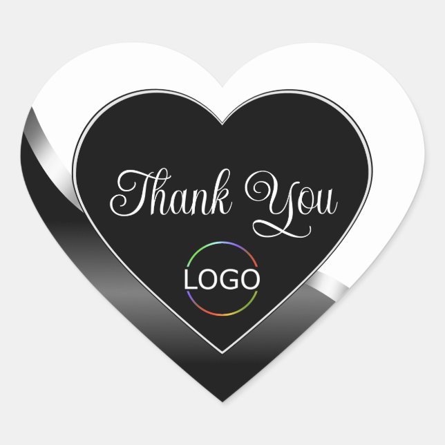 Black and White Wavy Silver Logo Cute Thank You Heart Sticker (Front)