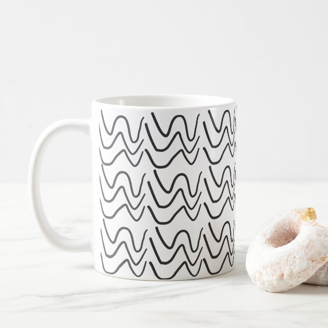 Black and White Wavy Stripe Pattern  Coffee Mug (With Donut)