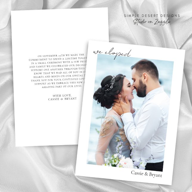 Black and White We Eloped Minimal Modern Wedding Announcement (Modern Minimalist 1 Photo We Eloped Wedding Announcement in Simple Black and White Typography)