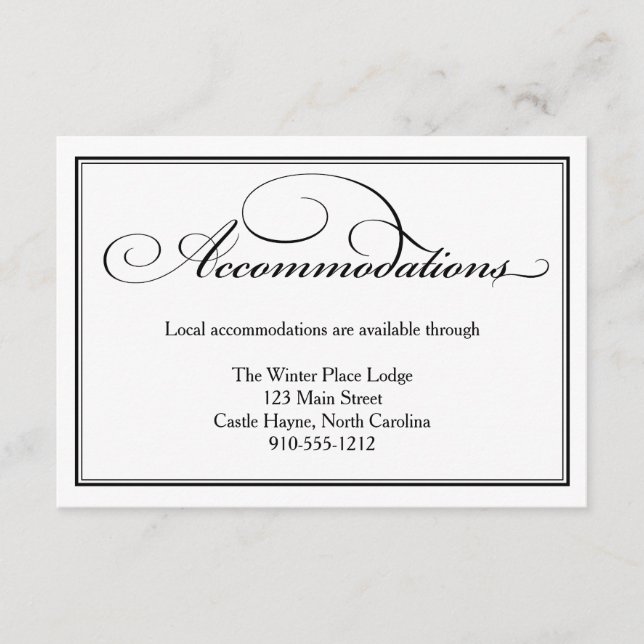 Black and White Wedding Accommodations Detail Card (Front)