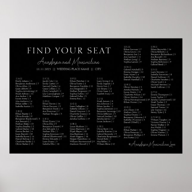 Black and White Wedding Alphabetical Seating Chart (Front)