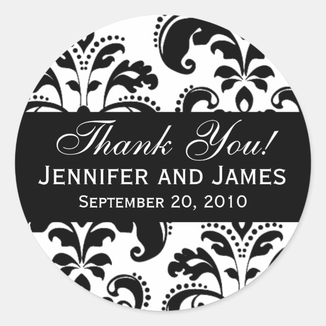 Black and White Wedding Damask Thank You Label (Front)
